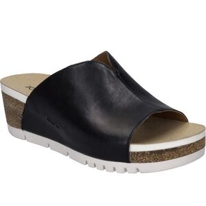 Josef Seibel Black Leather Slide Mule with Cork Wedge and White Outsole